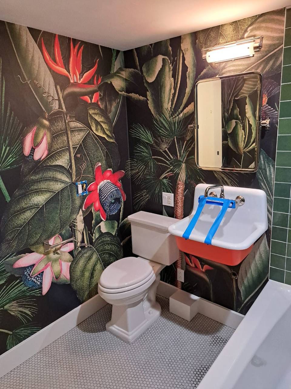 Botanical wall in the guest bathroom